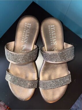 Italian Shoemakers Metallic Champagne Crystal Slide Sandals